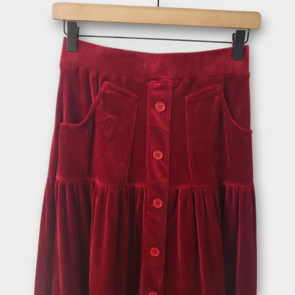 NWT Halara Corduroy Tiered Button Front Maxi Skirt Pockets High Waisted Red Sm - Picture 4 of 12